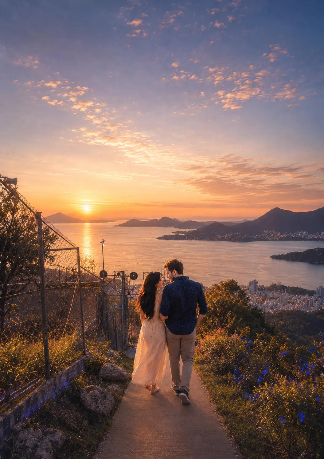 Casal caminhando no Morro da Cruz ao pôr do sol.